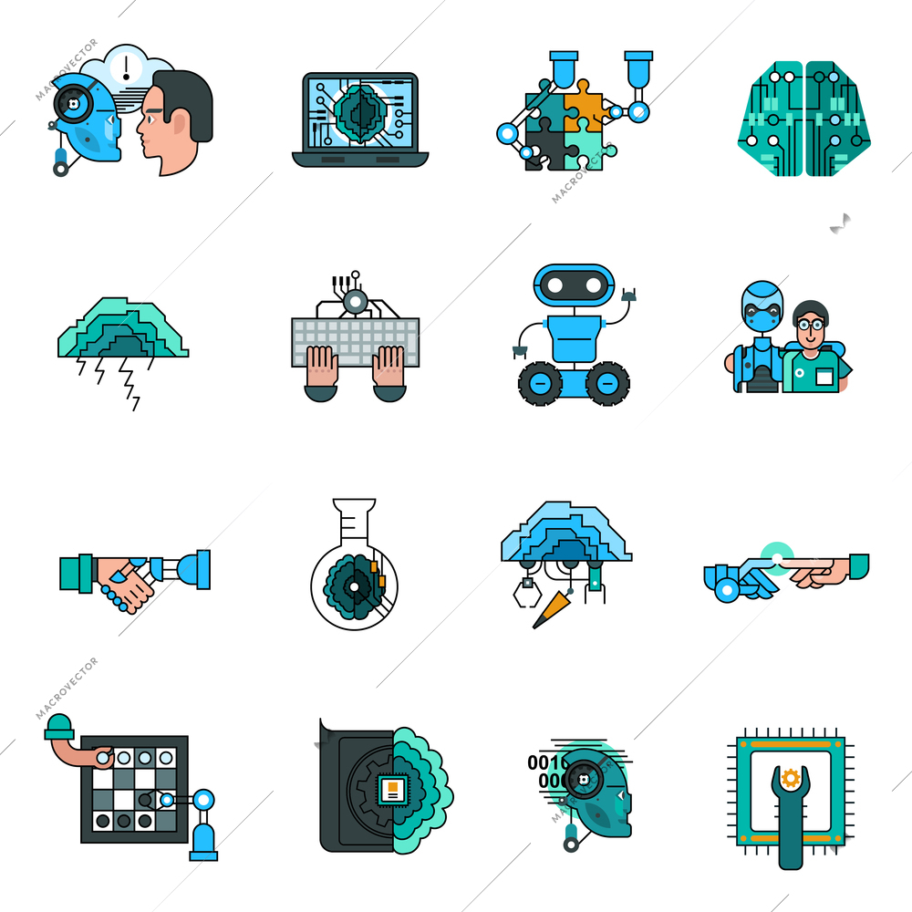 Artificial intelligence line icons set with technology symbols flat isolated vector illustration