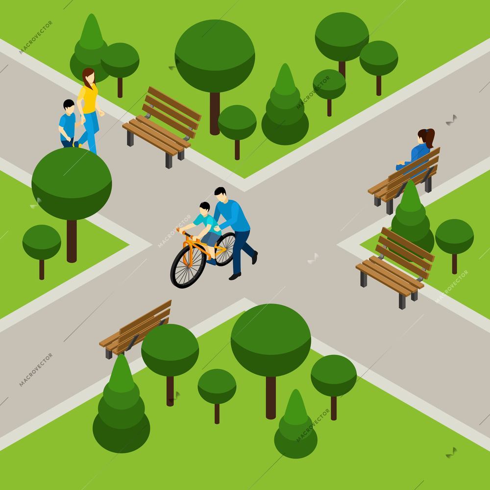 Father and son on bicycle in park isometric vector illustration
