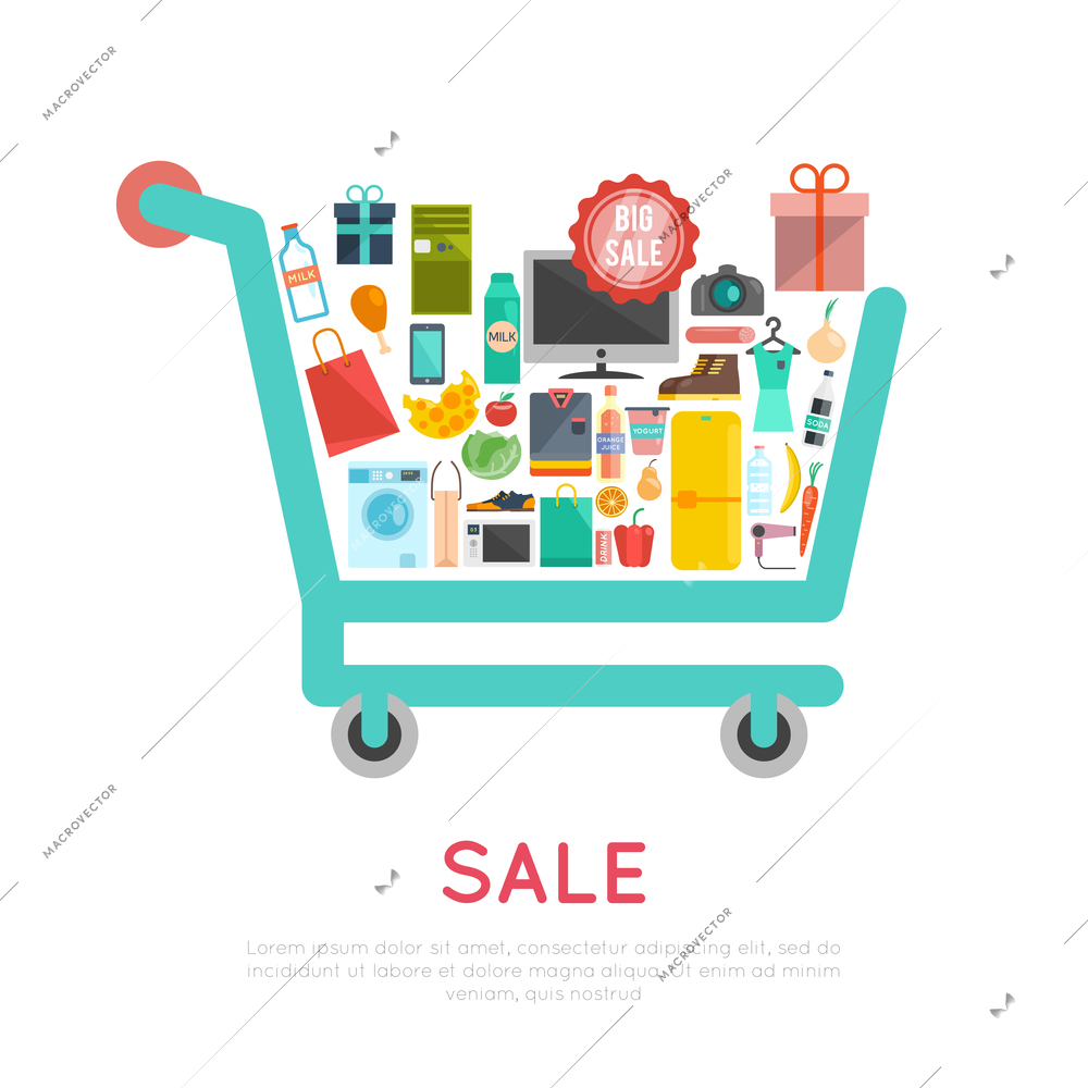 Shopping cart concept with products and goods icons flat vector illustration