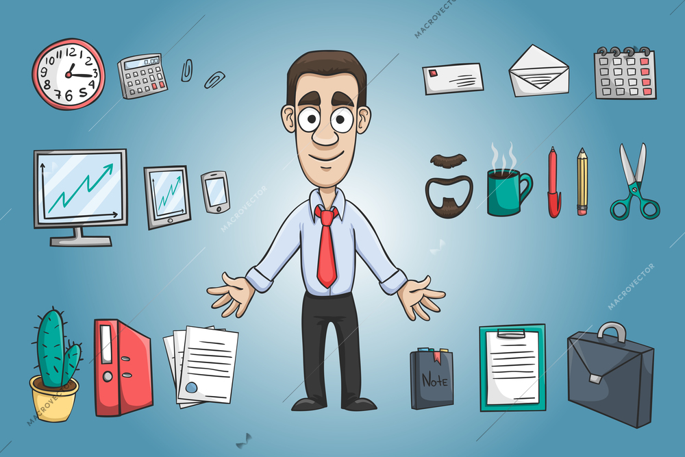 Business man character pack design elements with office stationery supplies vector illustration