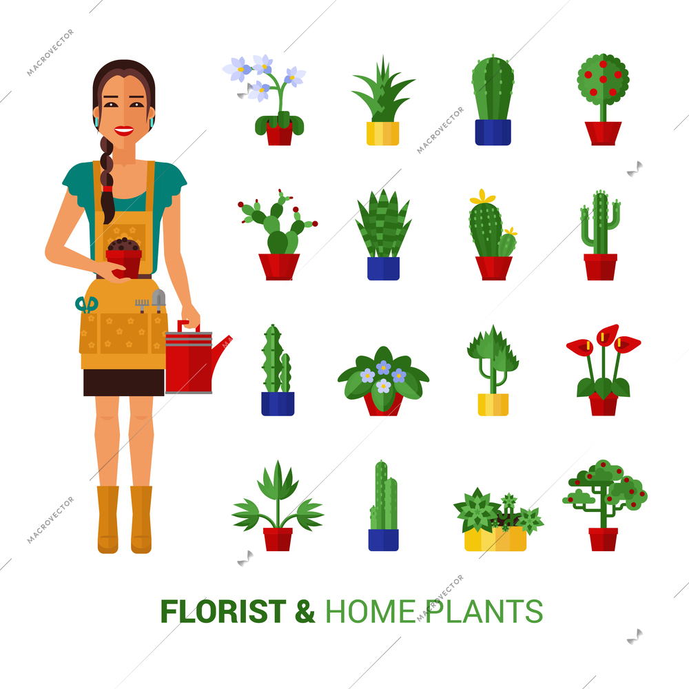 Young beautiful florist girl with long braid watering home plants with can flat icons composition abstract vector illustration