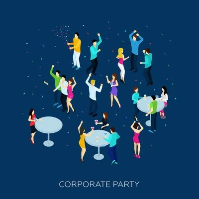 Corporate party concept with isometric people drinking and dancing vector illustration