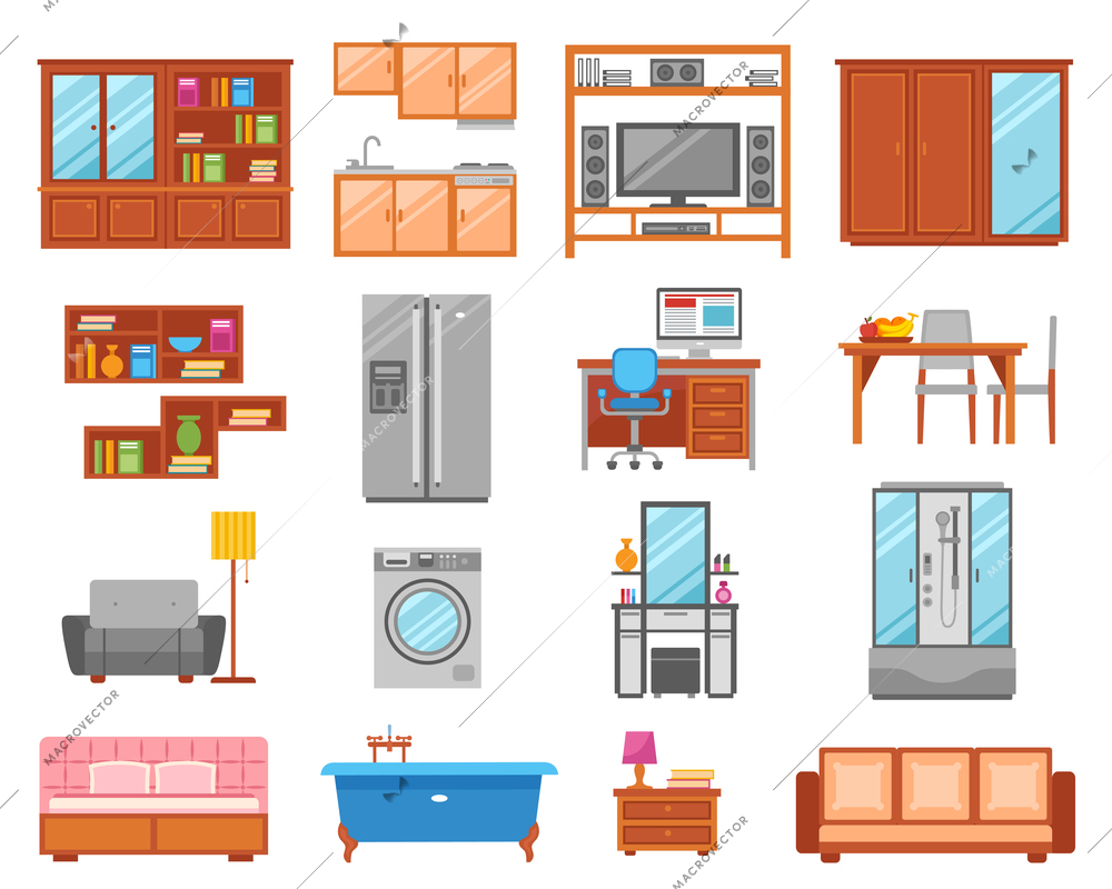 Set of different types of interior  furniture icons for room bathroom and kitchen vector illustration