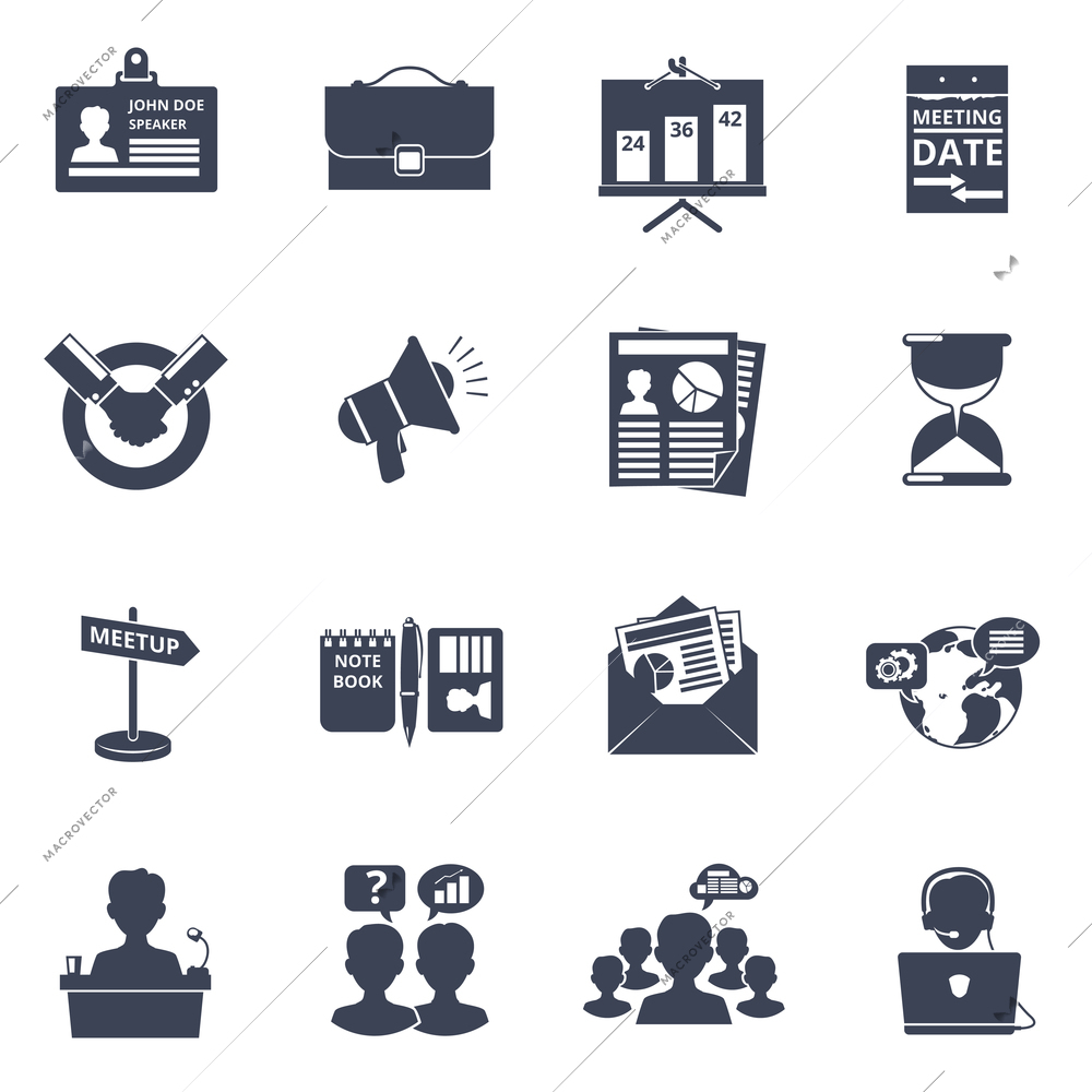 Meeting and team work icons black set isolated vector illustration