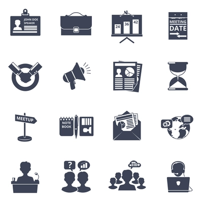 Meeting and team work icons black set isolated vector illustration