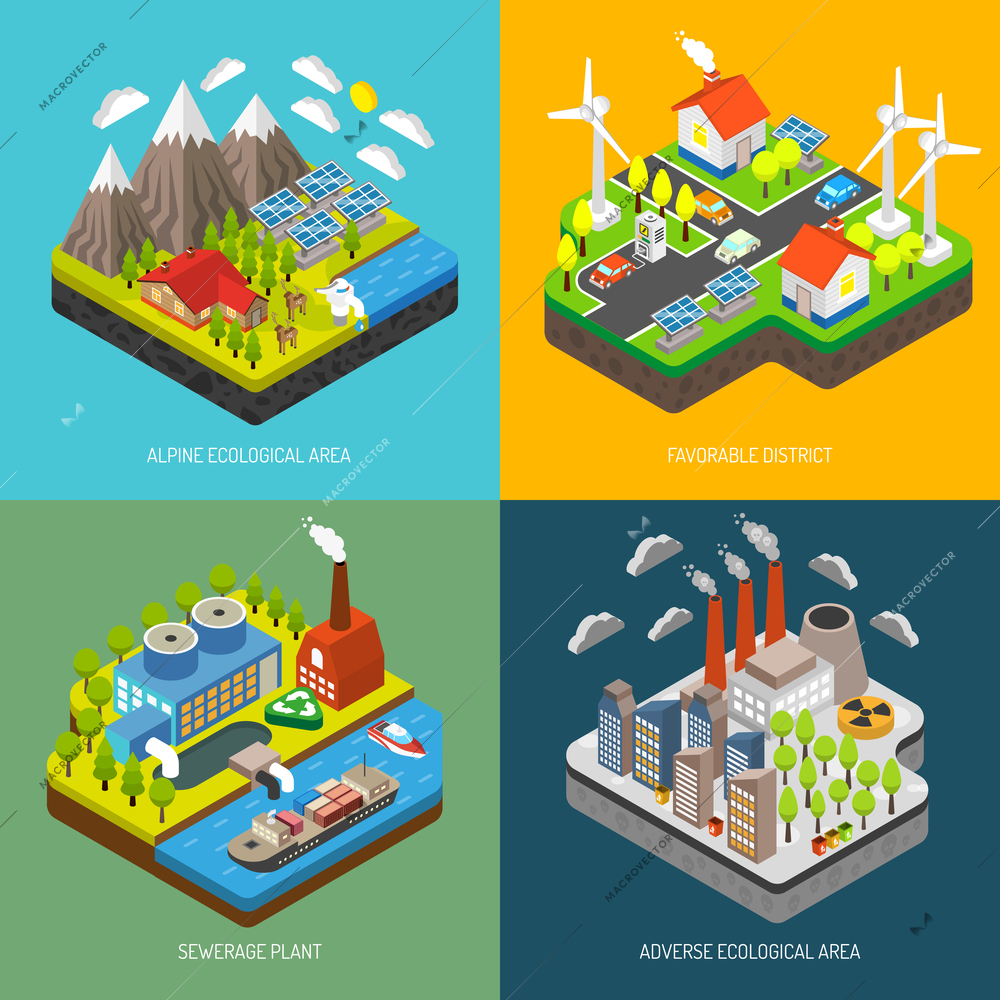 Environment pollution and protection with wind turbines solar panels electricity vehicle renewable energy and eco technologies vector illustration