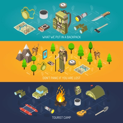 Hiking banner equipment and tourist camp with backpack tent axe compass binoculars bonfire flashlight vector illustration