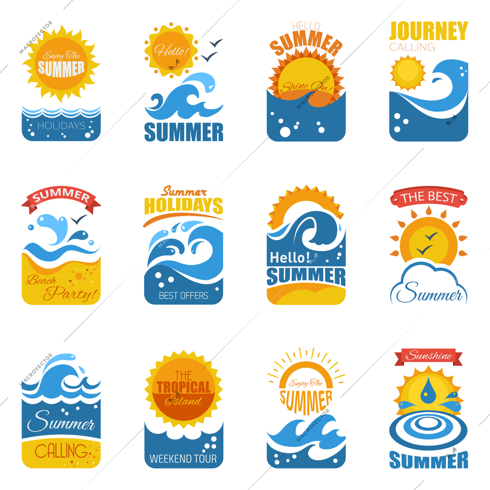 Summer label set with waves sandy beach  and sun disk flat vector illustration