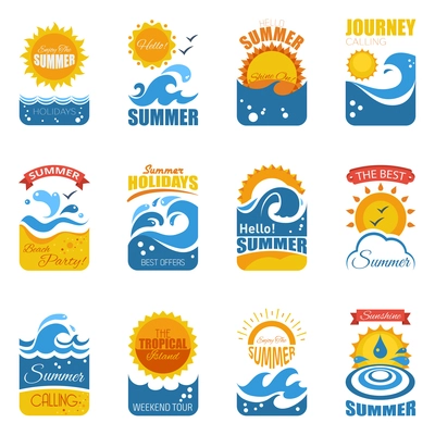 Summer label set with waves sandy beach  and sun disk flat vector illustration