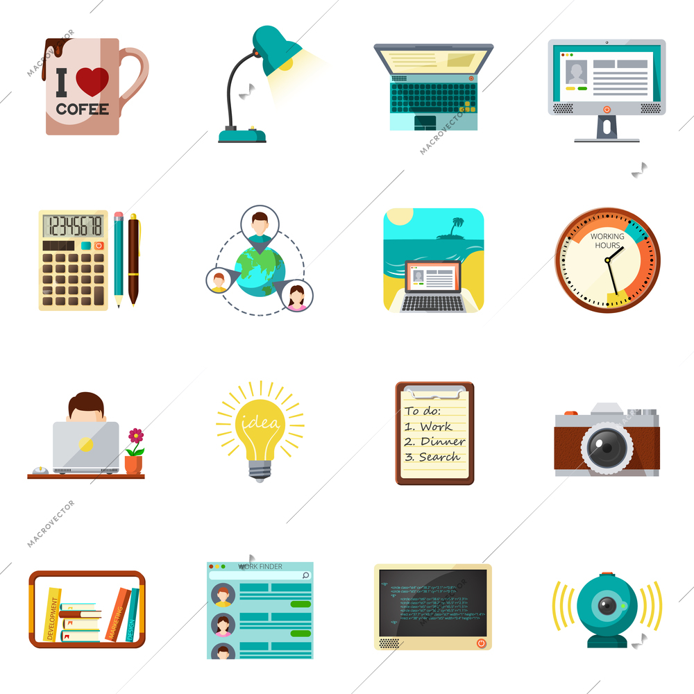Freelnce job and work from home icons flat set isolated vector illustration