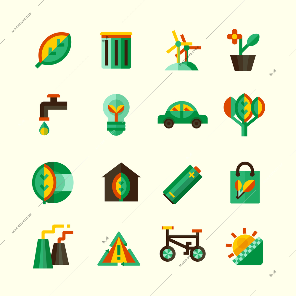 Ecology icons set with different ways of protection of environment isolated vector illustration