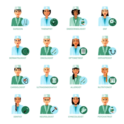 Medical professions avatars set with different subjects of medicine isolated vector illustration