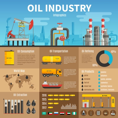 Oil industry vector infographics with extraction transportation and consumption statistics products of refining information and petrol station illustration