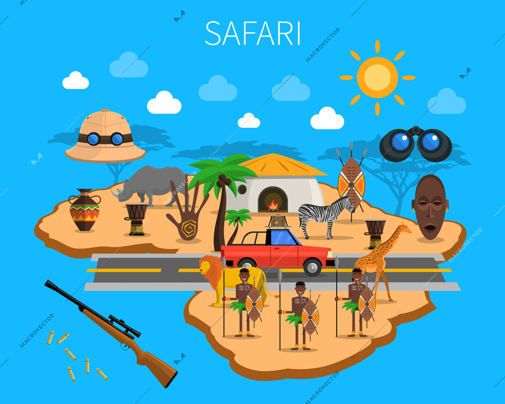 Safari concept with african continent map local tribes and animals vector illustration