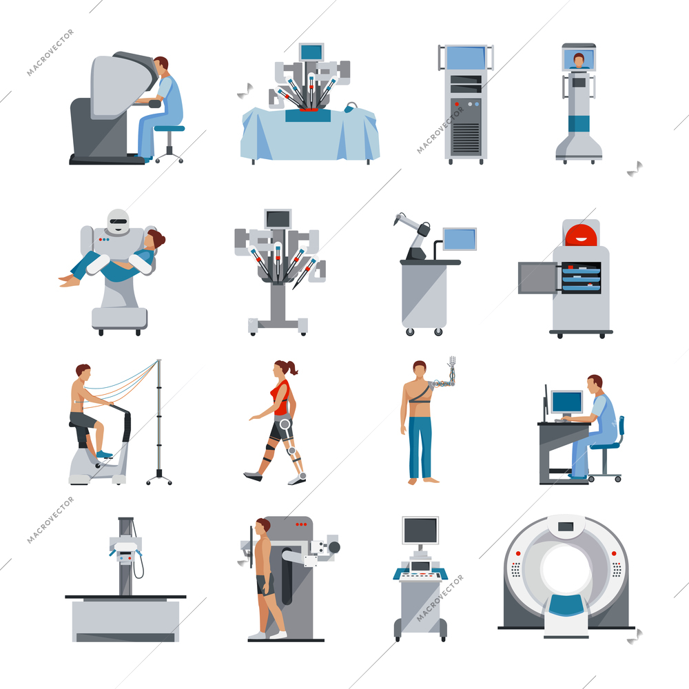 Bionic icons with surgical and diagnostic equipment robot assistant and people orthopedic prosthetics isolated vector illustration