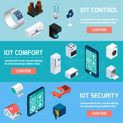 Iot control comfort and security interactive internet page 3 horizontal isometric banners set  design abstract vector illustration