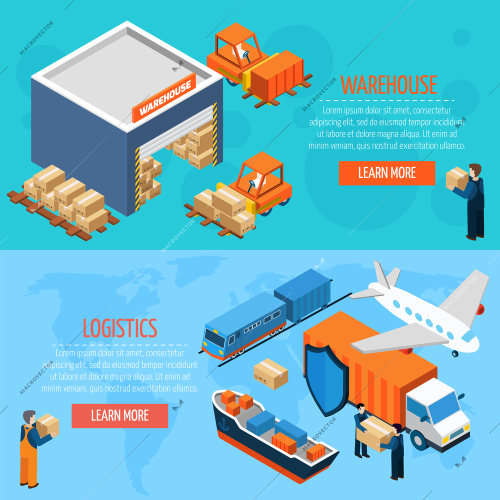 Isometric warehouse logistics  horizontal  banners with workers boxes  forklifts and cargo transport  vector illustration