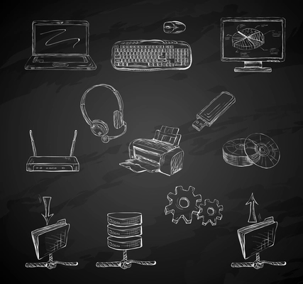 Business computer icons set of desktop mobile notebook network router and printer hand isolated vector illustration sketch on chalkboard