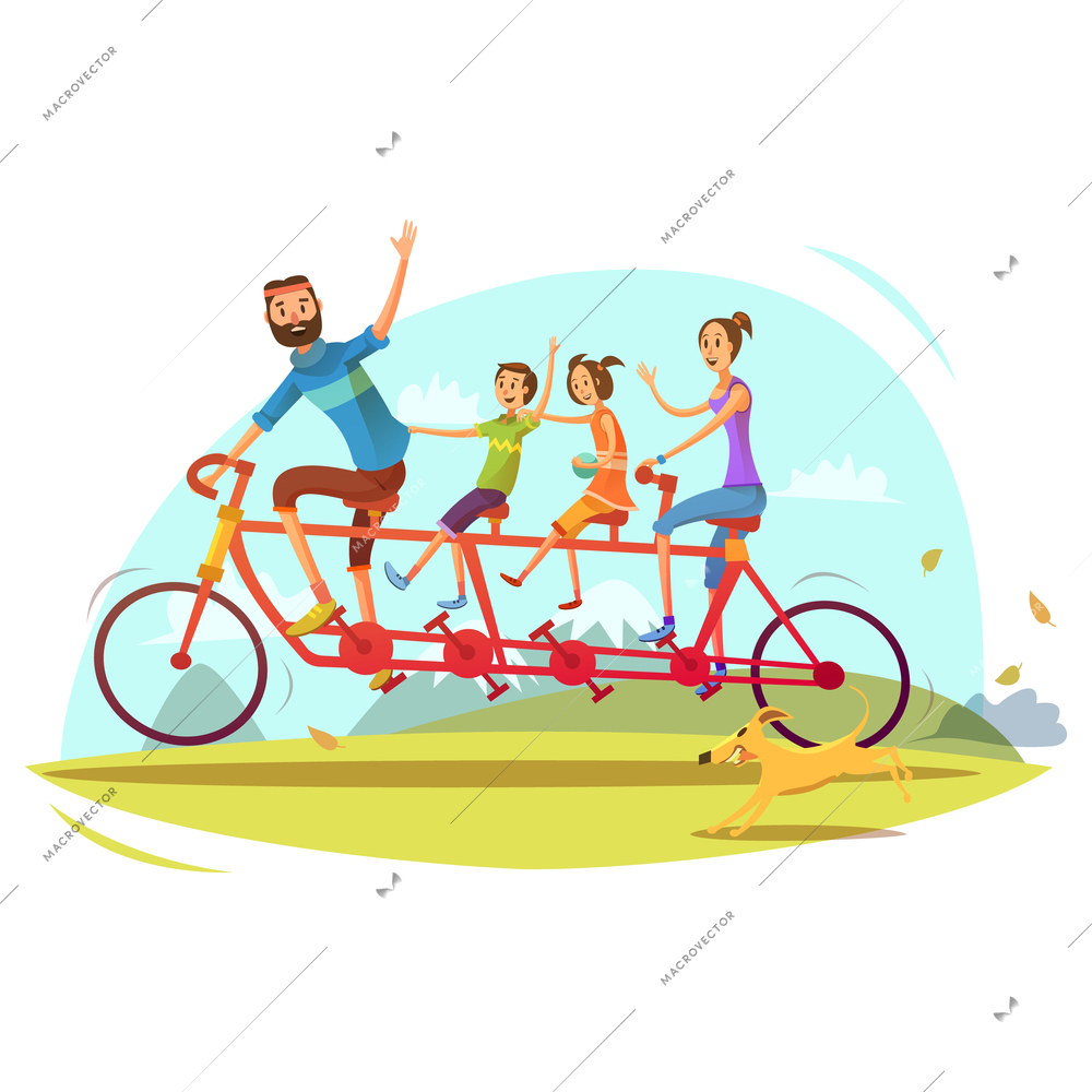 Family and bicycle cartoon concept with parents son and daughter vector illustration