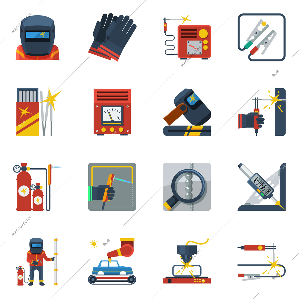 Welding flat color icons set of gas cylinders rubber gloves helmet gas burner isolated vector illustration