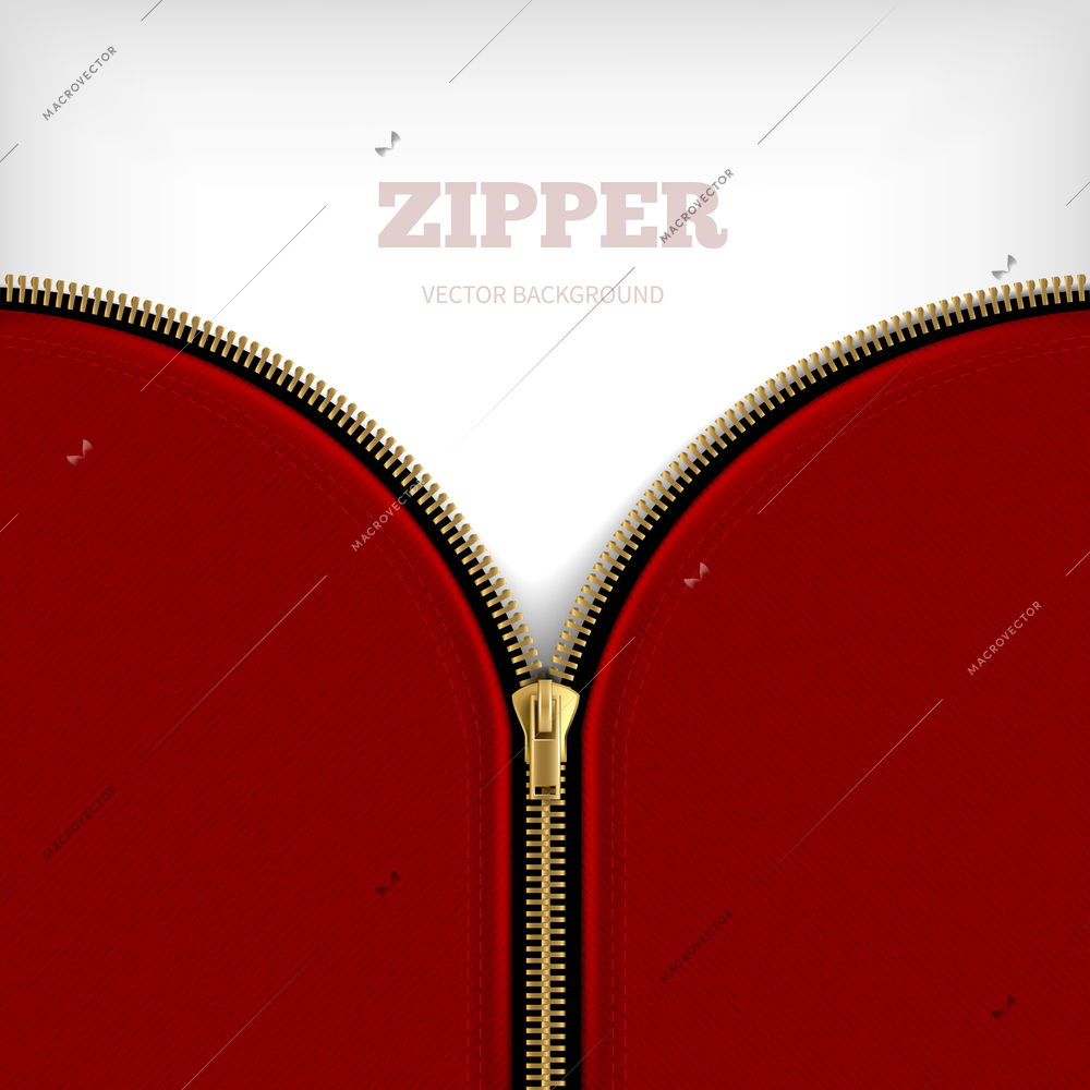 Zipper background blank with golden metallic half open zipper with black edging sewn to red fabric vector illustration