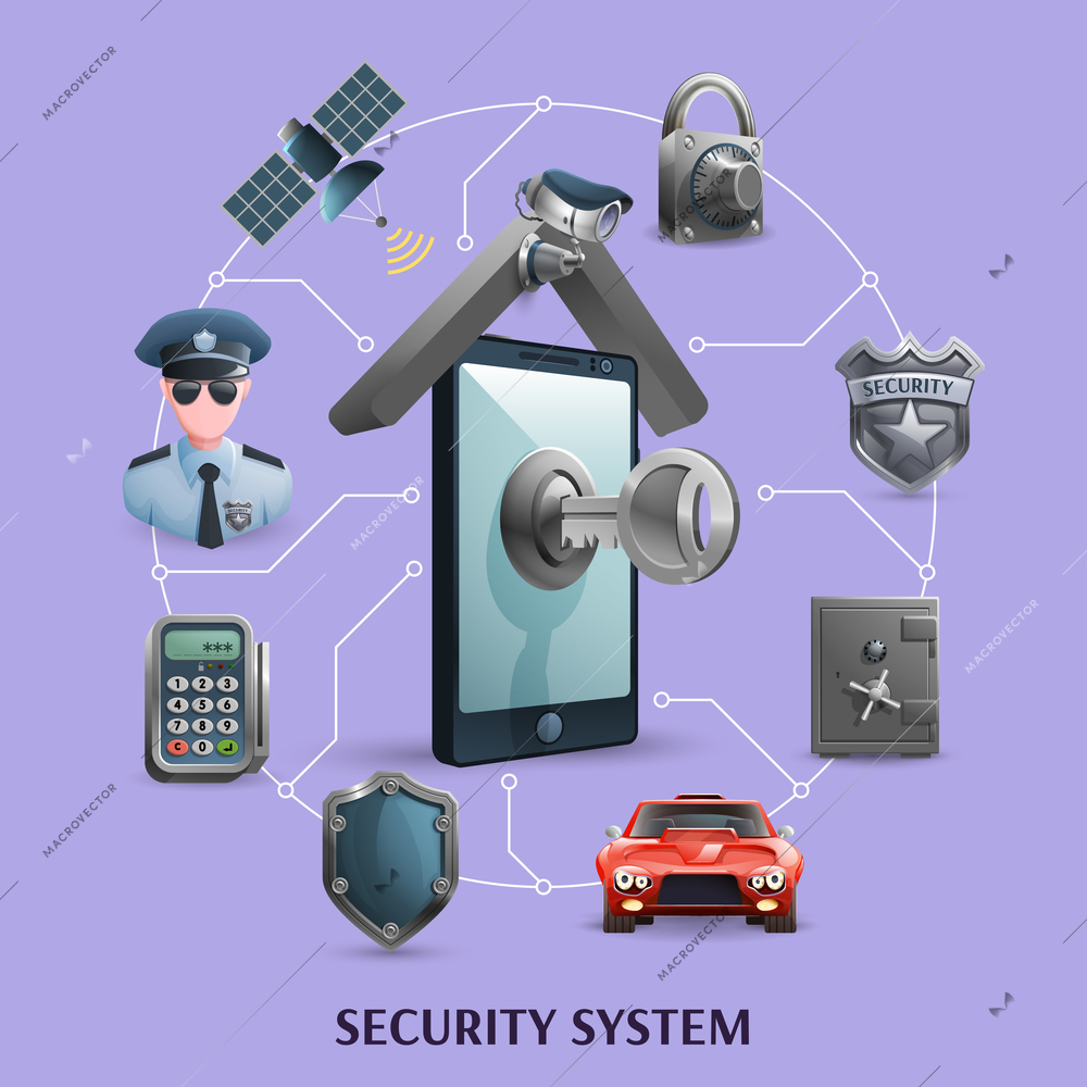 Security  concept icons set    with elements  of alarm system vector illustration