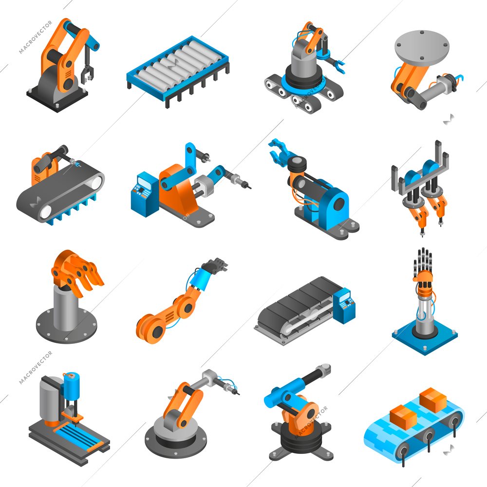 Industial robot and factory machinery 3d isometric icons set isolated vector illustration