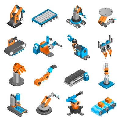 Industial robot and factory machinery 3d isometric icons set isolated vector illustration