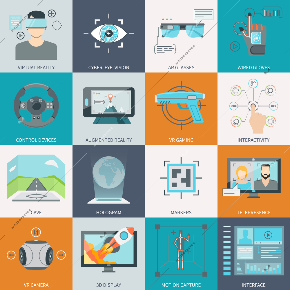 Small image like icons set of different virtual augmented reality gadgets flat vector illustration