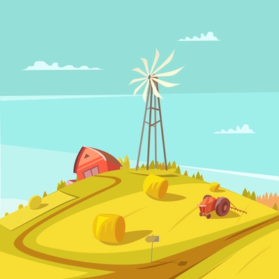 Farming and agriculture background with windmill tractor house and haystack vector illustration