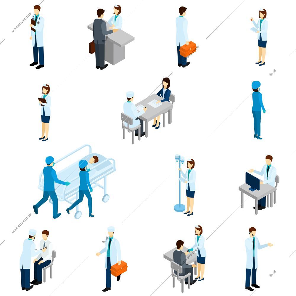 Doctor isometric set with 3d clinic people and patients isolated vector illustration