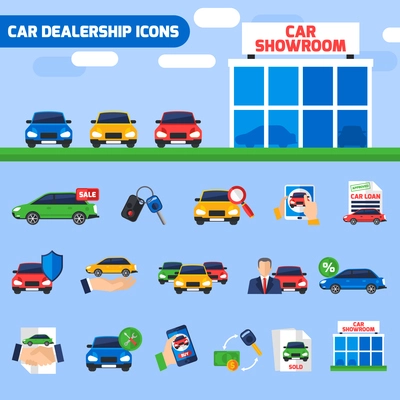 Car dealership center flat icons composition with new vehicles showroom and sale deal pictograms abstract vector illustration