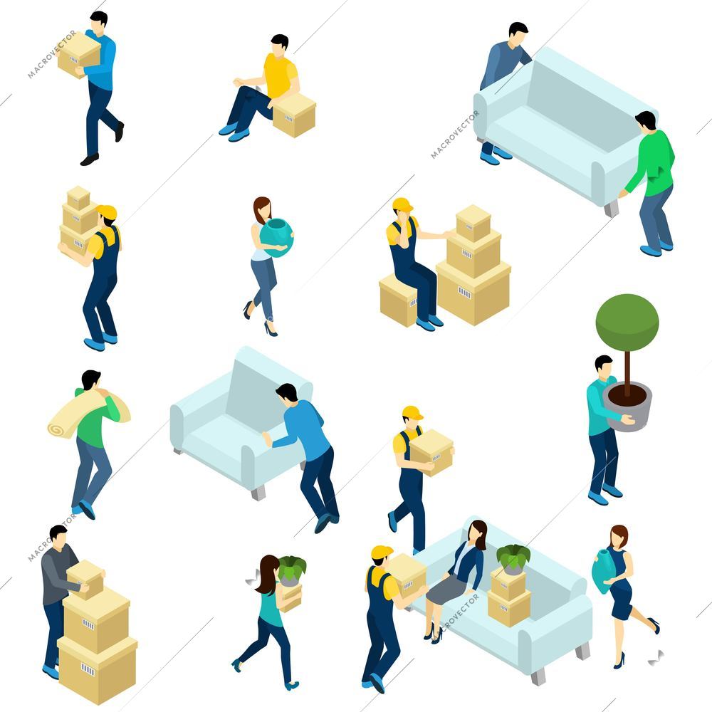 People relocating set with isometric delivery workers isolated vector illustration