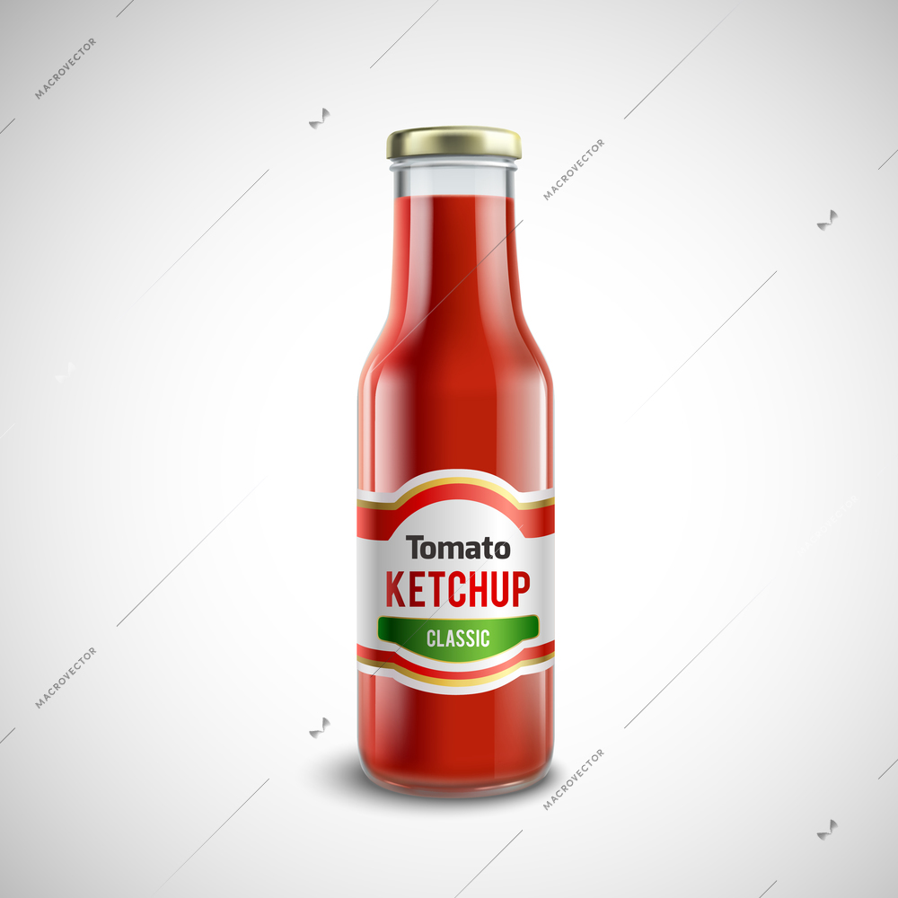 Classic ketchup glass bottle with glossy cap in realistic style isolated vector illustration