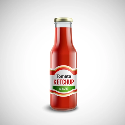 Classic ketchup glass bottle with glossy cap in realistic style isolated vector illustration