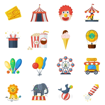 Circus and attraction park icons flat set isolated vector illustration