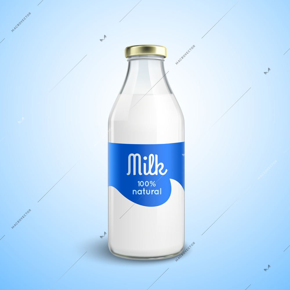 Closed traditional glass bottle of natural milk with glossy cap isolated vector illustration