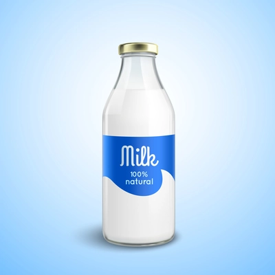 Closed traditional glass bottle of natural milk with glossy cap isolated vector illustration