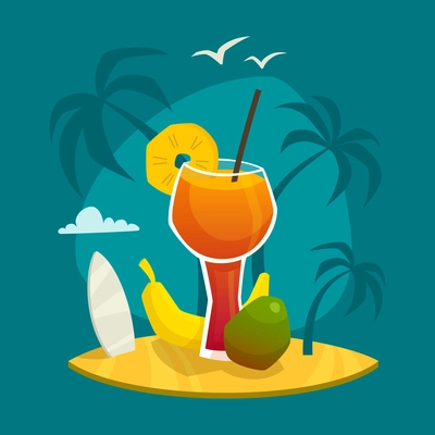 Design concept with glass of fresh juice  and  tropical fruits on table with palm trees background  vector illustration