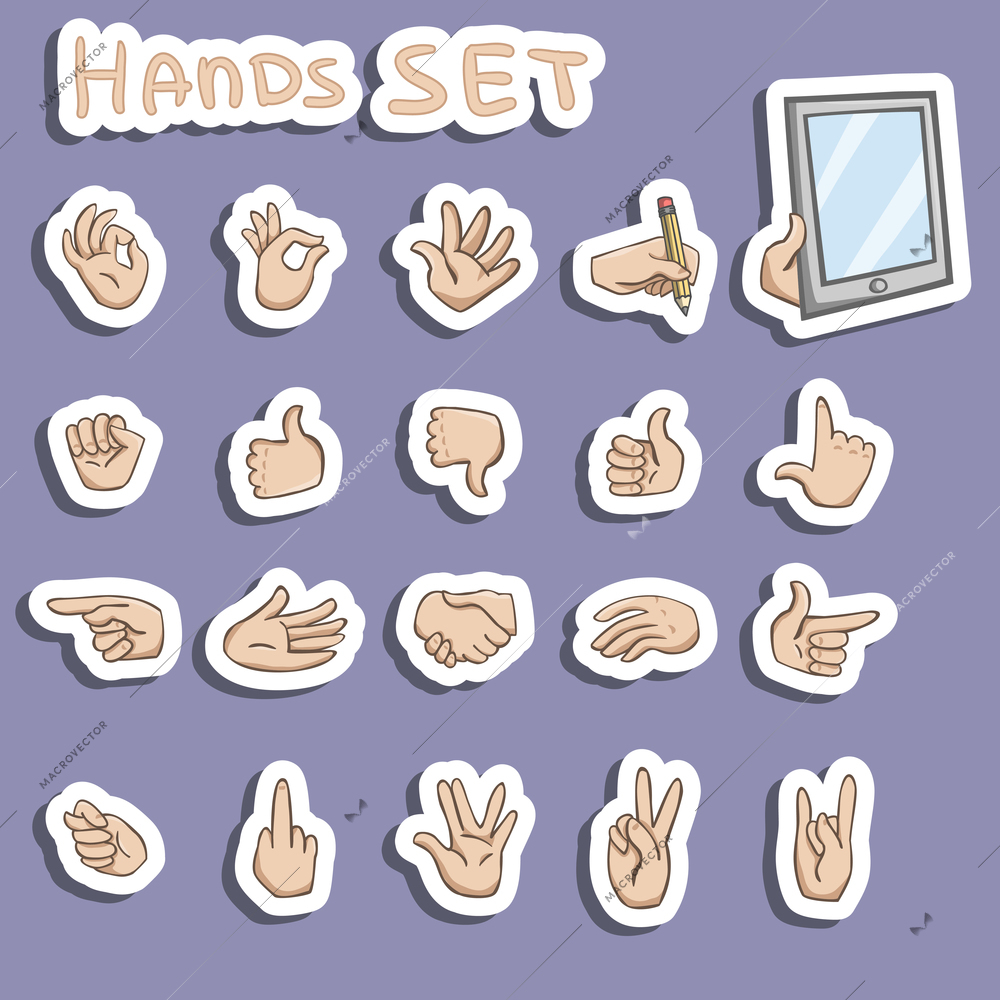 Hands gestures stickers set of pointing thumb expressions isolated vector illustration