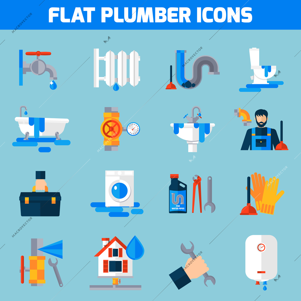 Plumbing service flat icons set with toilet bathtub and sink drain repair tools abstract isolated vector illustration