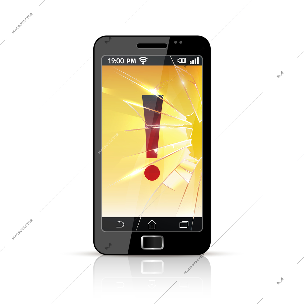 Modern smart cell phone with cracked screen and big red exclamation sign glossy flat icon vector illustration