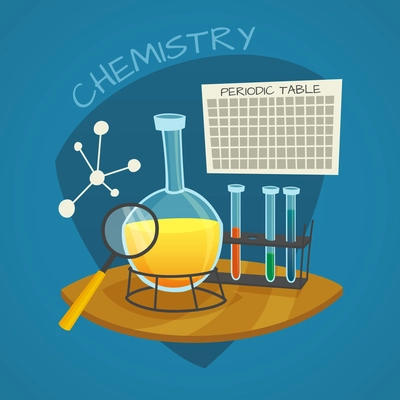Chemical laboratory cartoon icons set with flask  glass tubes and  periodic table vector illustration