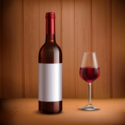 Wine bottle template with glass of red wine realistic vector illustration