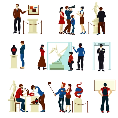 People in museum gallery flat color icons with visitors keeper sculptures pictures and working artists isolated vector illustration