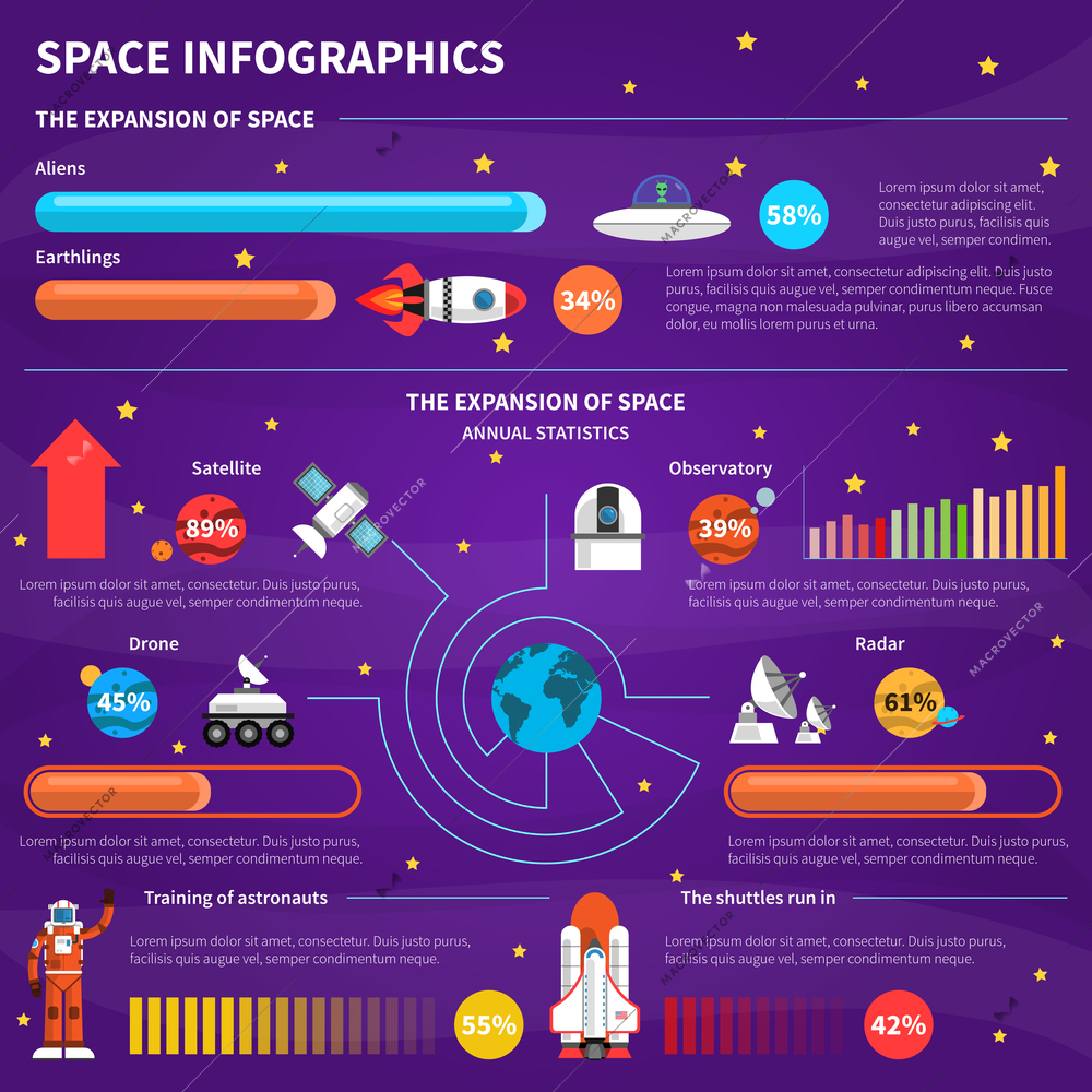 Space infographic set with cosmos exploration elements and charts vector illustration