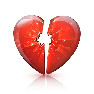 Broken red glossy plastic or glass heart symbol of love romance relations problems icon abstract vector illustration