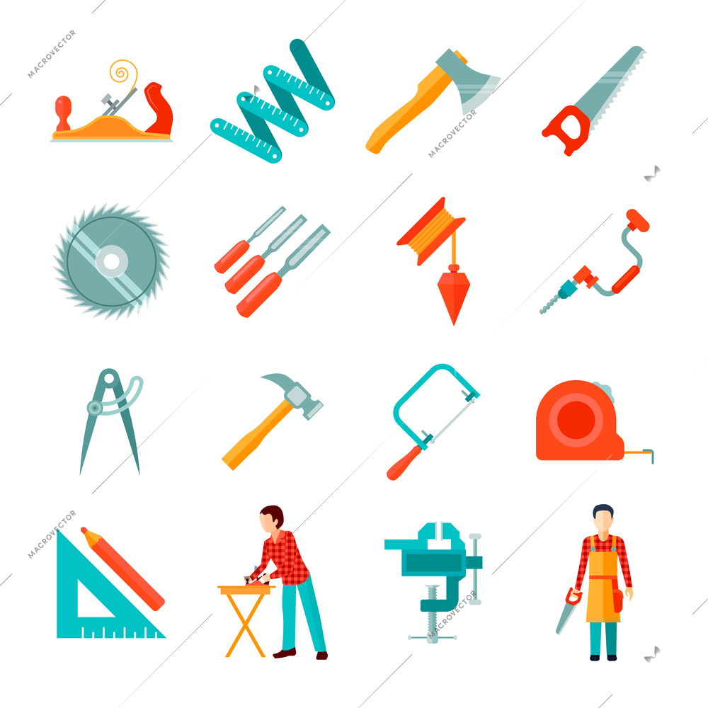 Set of different carpenter tools isolated flat icons vector illustration