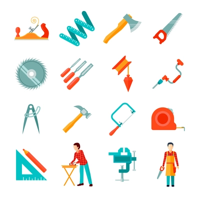 Set of different carpenter tools isolated flat icons vector illustration