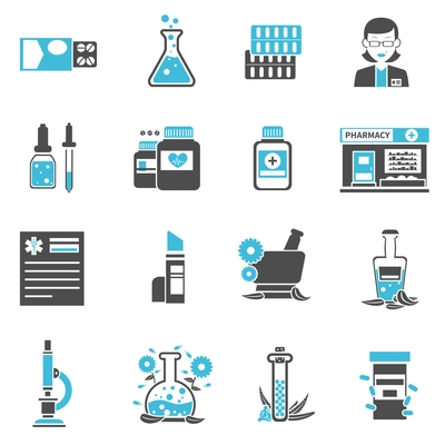 Pharmacy and apothecary black and blue icons set isolated vector illustration